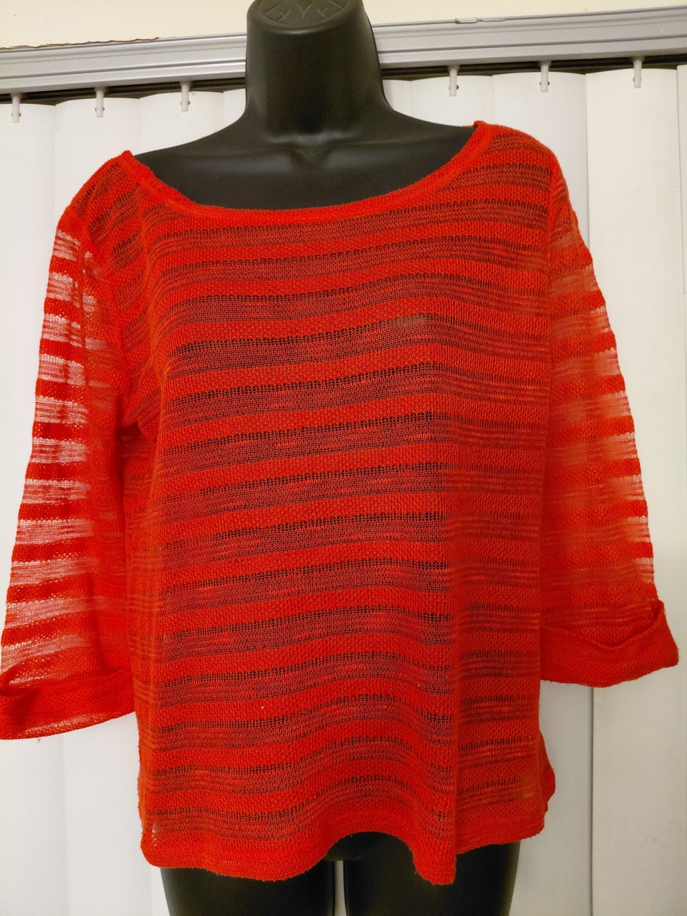 Xhilaration Sheer Knit Striped Boatneck Top in Bright Red